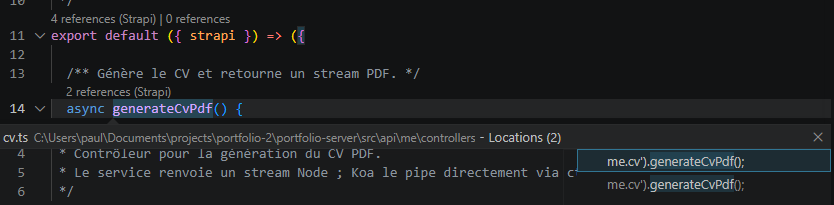 A "N references (Strapi)" CodeLens counting magic-string and route-handler usages the TypeScript server can't see