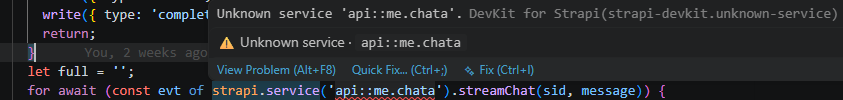 An invalid Strapi reference underlined, with a "did you mean" quick fix