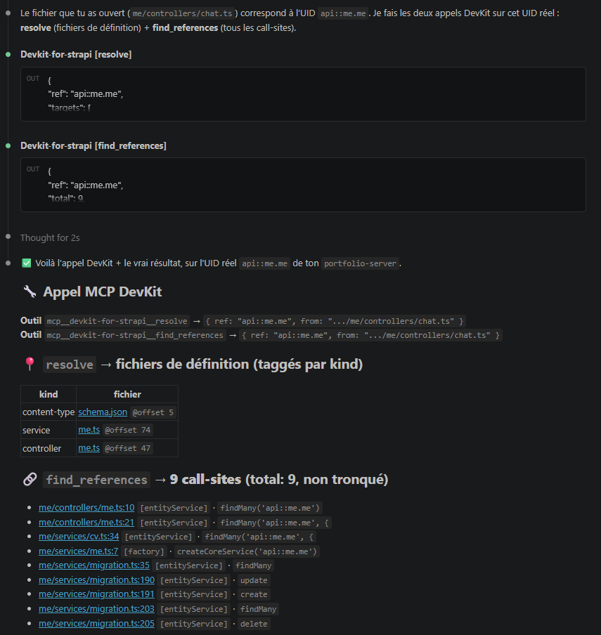 An AI agent querying the project's real values through the bundled DevKit MCP server